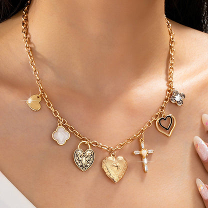 Antique Heart Locket & Cross Multi-Charm Necklace | 80N93116: Gold