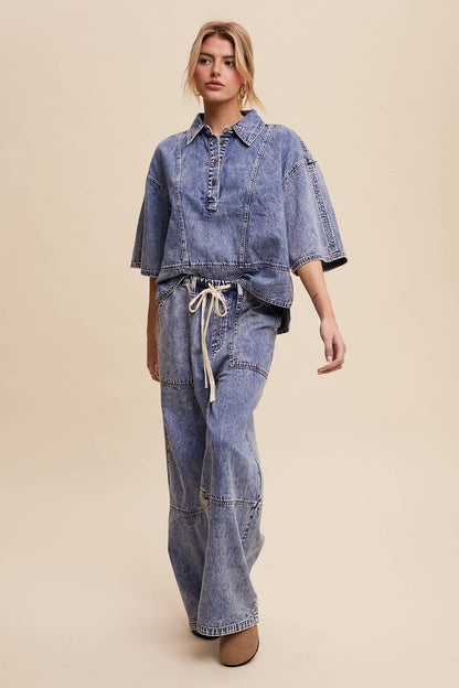 Wide-Leg Denim Drawstring Pants