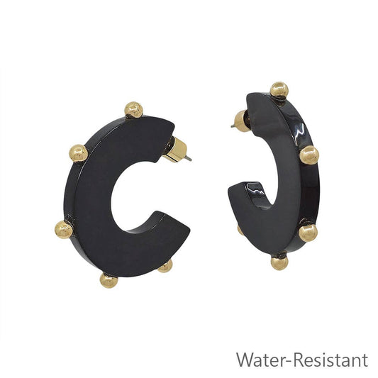 Water Resistant Black Acrylic 1.5" Hoop with Gold Beaded Dot Accents