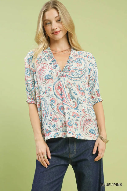 UMGEE Blue and Pink Smocked V-Neck Paisley Top