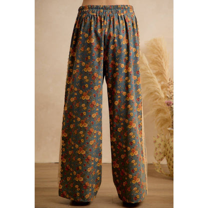 WASHED FLORAL DENIM SIDE LACE TRIM ELASTIC PANTS