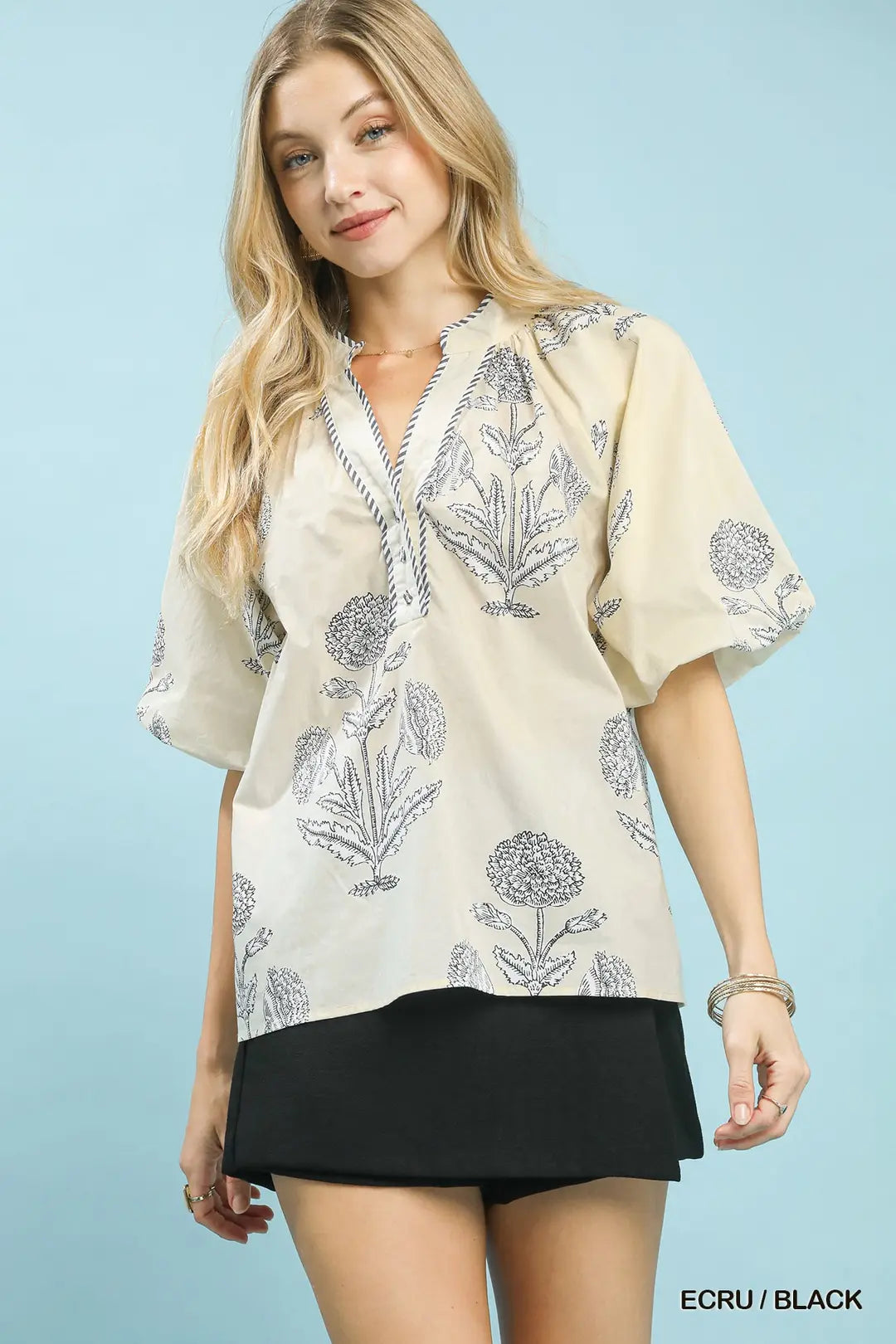 UMGEE Ecru/Black Floral Print V-Neck Top