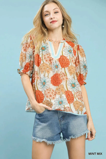 UMGEE Mint Floral Print Puff Sleeve Top