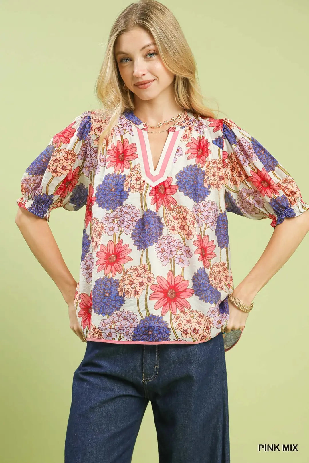 UMGEE Pink Floral Print Puff Sleeve Top