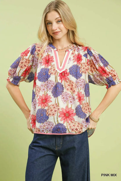 UMGEE Pink Floral Print Puff Sleeve Top