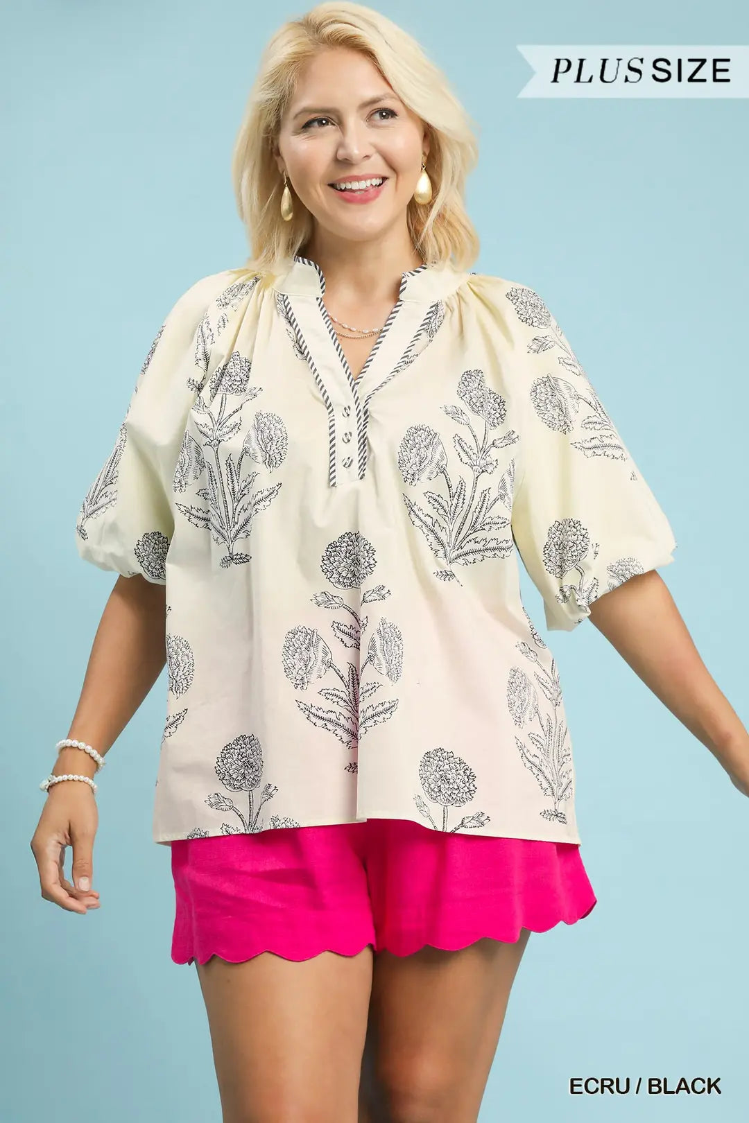 UMGEE Ecru/Black Floral Print V-Neck Top