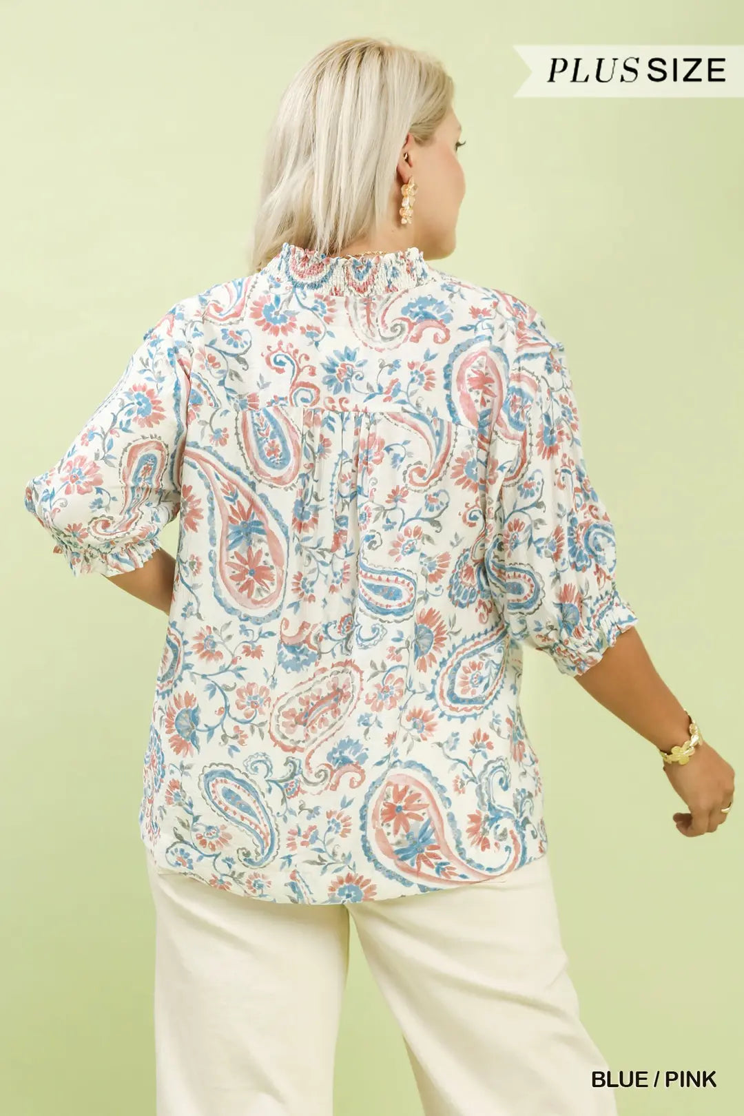 UMGEE Blue and Pink Smocked V-Neck Paisley Top