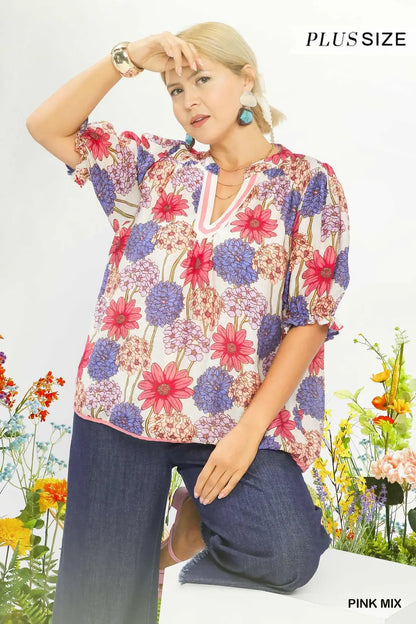 UMGEE Pink Floral Print Puff Sleeve Top