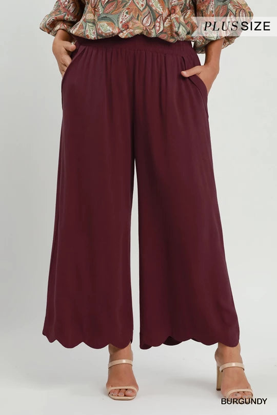 UMGEE Burgandy Linen Blend Scallop Hem Wide Leg Pants