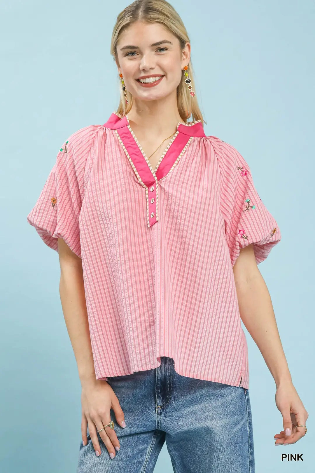 UMGEE Pink Embroidered Stripe Top