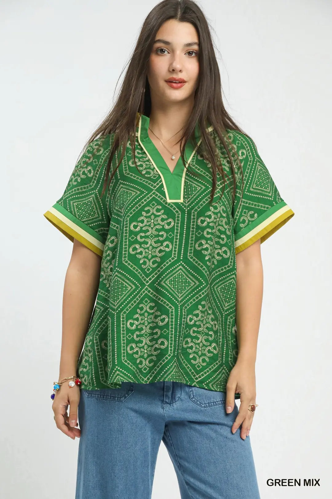 UMGEE Green Mix Geometric Print Top w/ Contrast Trim