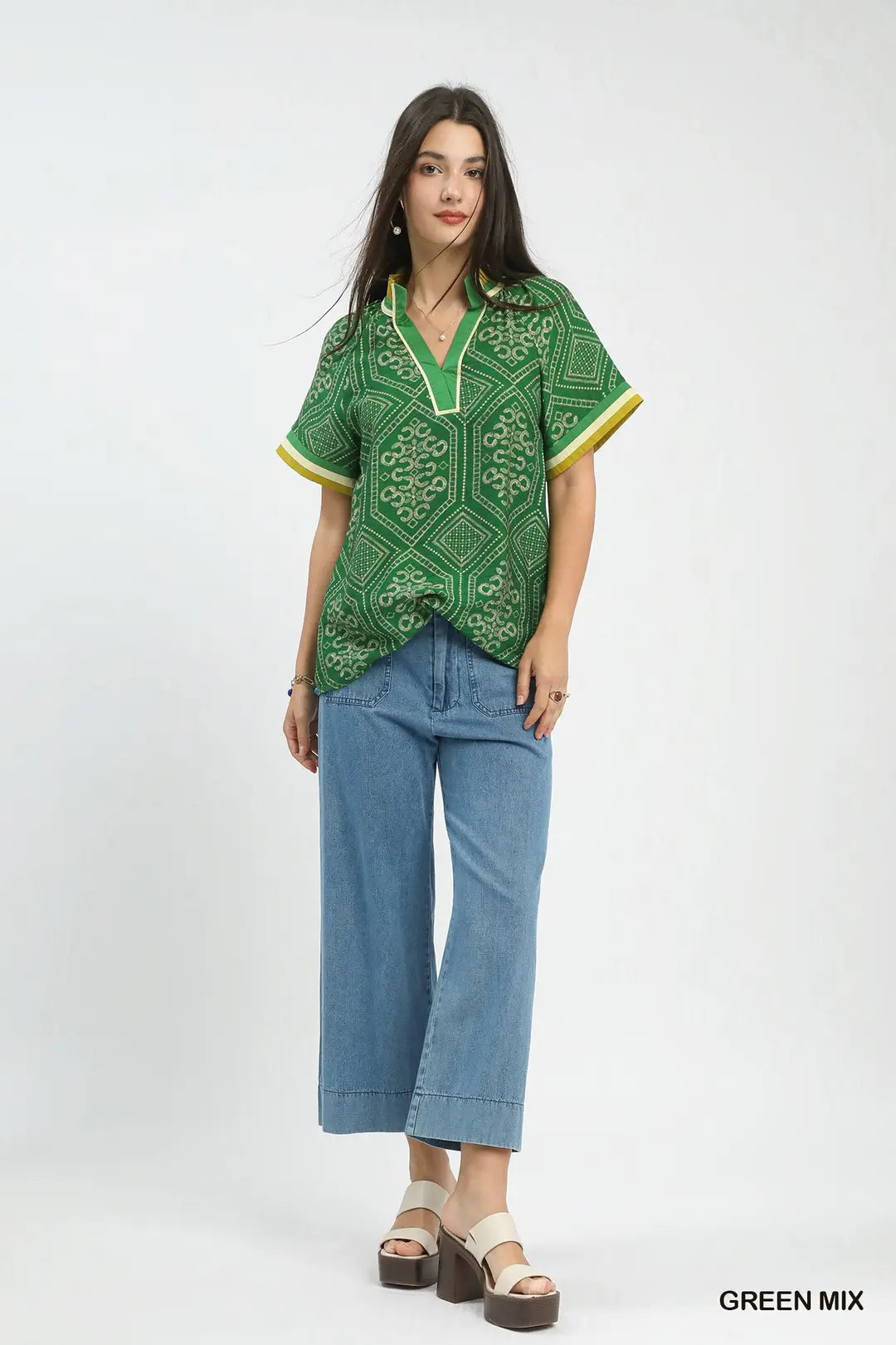UMGEE Green Mix Geometric Print Top w/ Contrast Trim