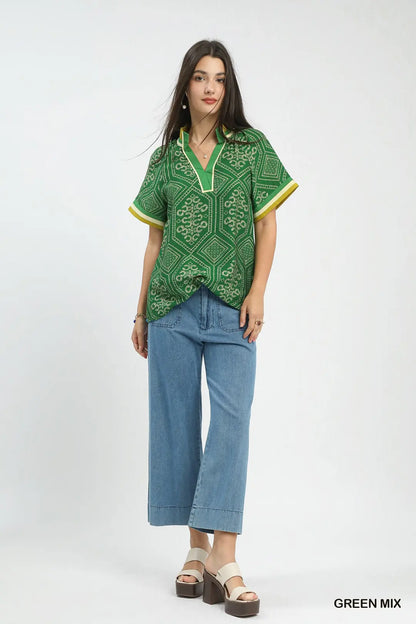 UMGEE Green Mix Geometric Print Top w/ Contrast Trim