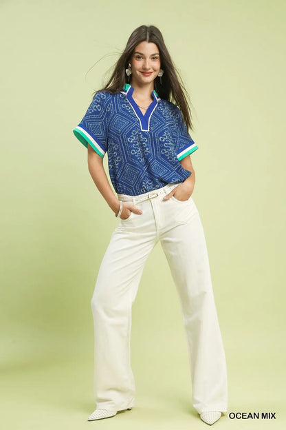 UMGEE Ocean Mix Geometric Print Top w/ Contrast Trim
