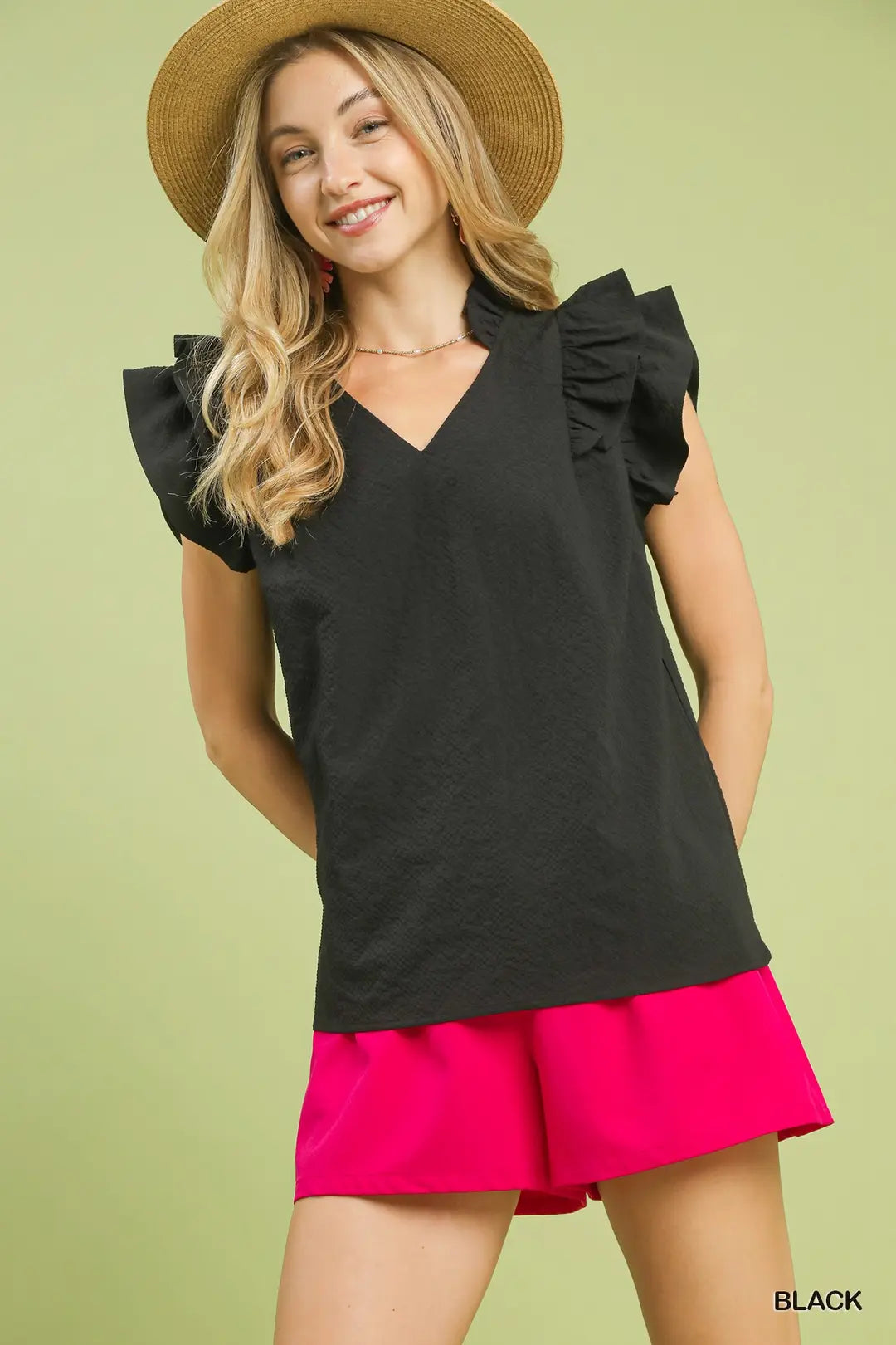 UMGEE Black Textured Ruffle Sleeve V-Neck Blouse