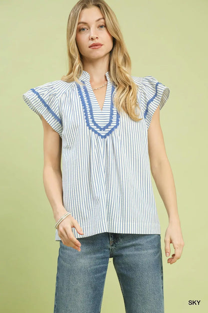 UMGEE Sky Blue Striped Flutter Sleeve Top