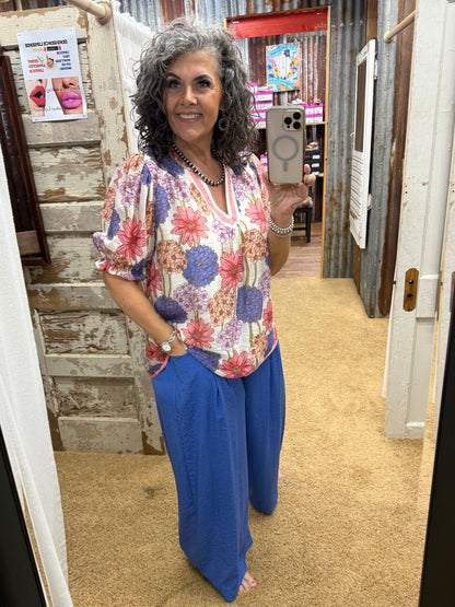 UMGEE Blue Solid Pleat Wide-Leg Cropped Pants