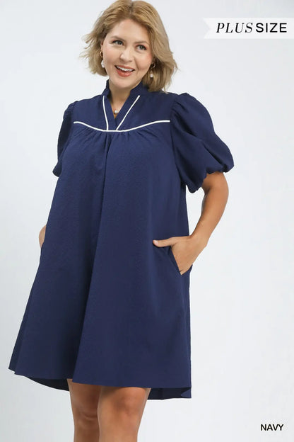 UMGEE Navy Seersucker Puff Sleeve Dress