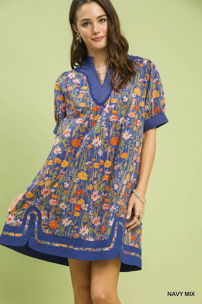 UMGEE Navy Mix Floral Puff Sleeve Dress