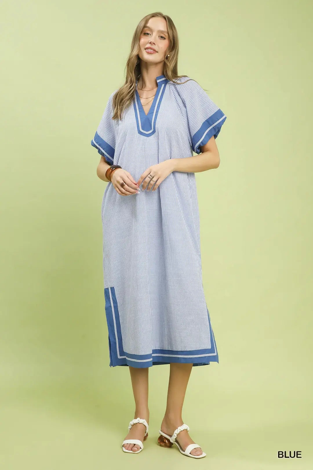 UMGEE Blue Pinstripe Contrast Trim Midi Dress