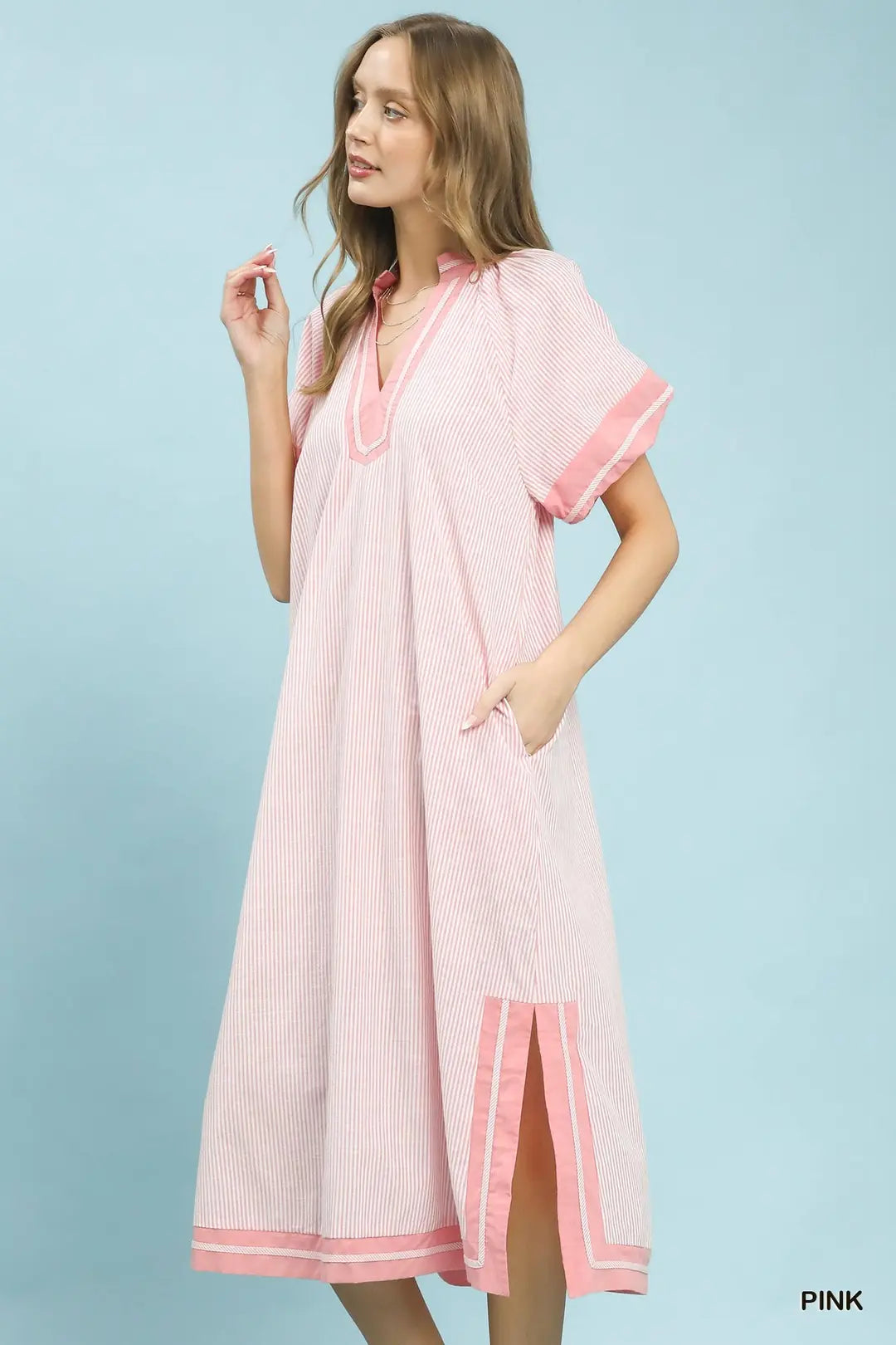 UMGEE Pink Pinstripe Contrast Trim Midi Dress