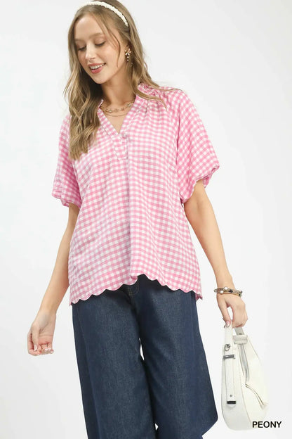UMGEE Pink Gingham Bubble Sleeve V-Neck Top w/ Scallop Hem