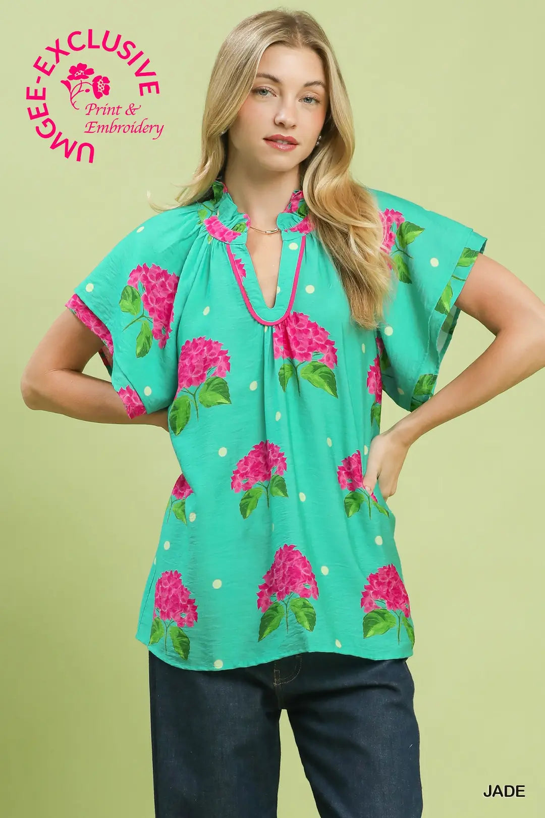 UMGEE Hydrangea Print Flutter Sleeve Top