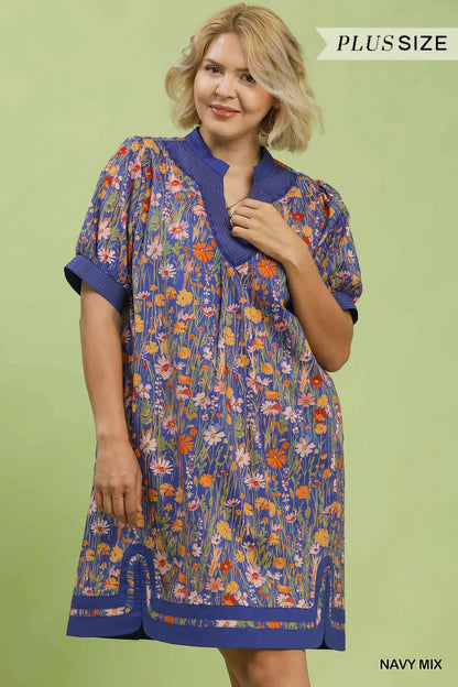 UMGEE Navy Mix Floral Puff Sleeve Dress