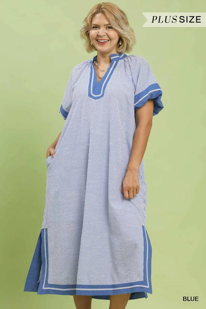 UMGEE Blue Pinstripe Contrast Trim Midi Dress