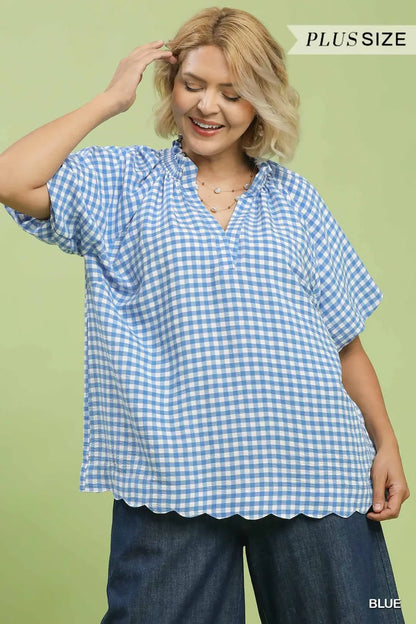 UMGEE Blue Gingham Bubble Sleeve V-Neck Top w/ Scallop Hem