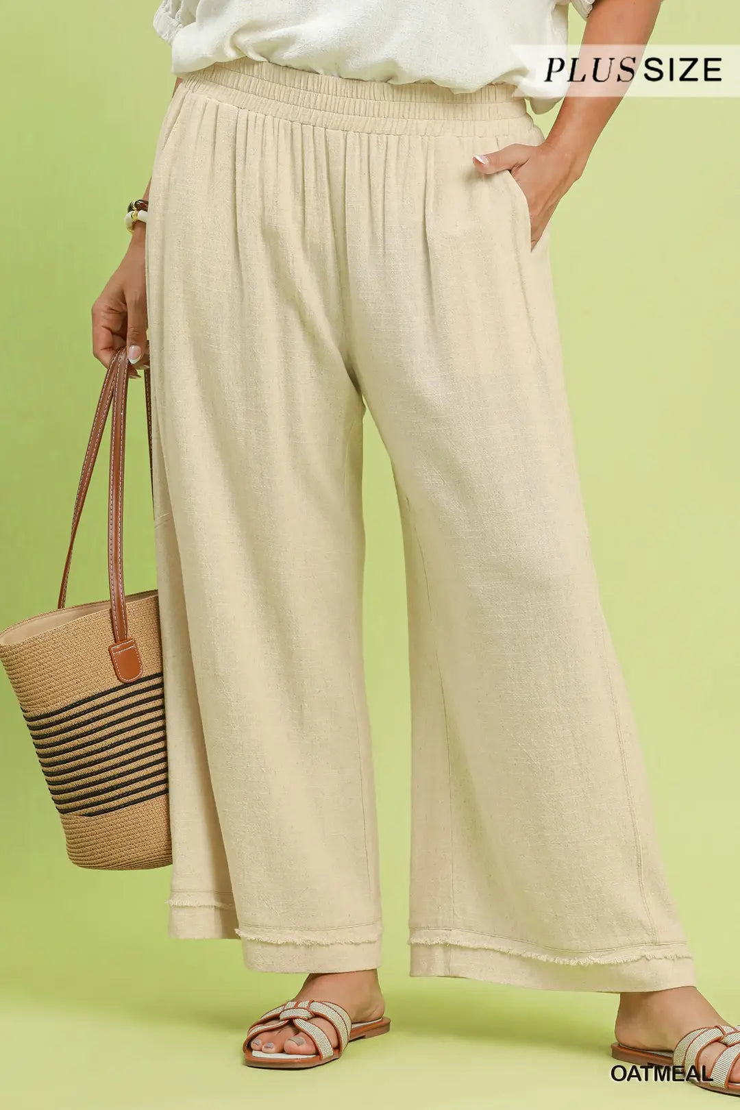 UMGEE Oatmeal Linen Elastic Waist Wide Leg Pants