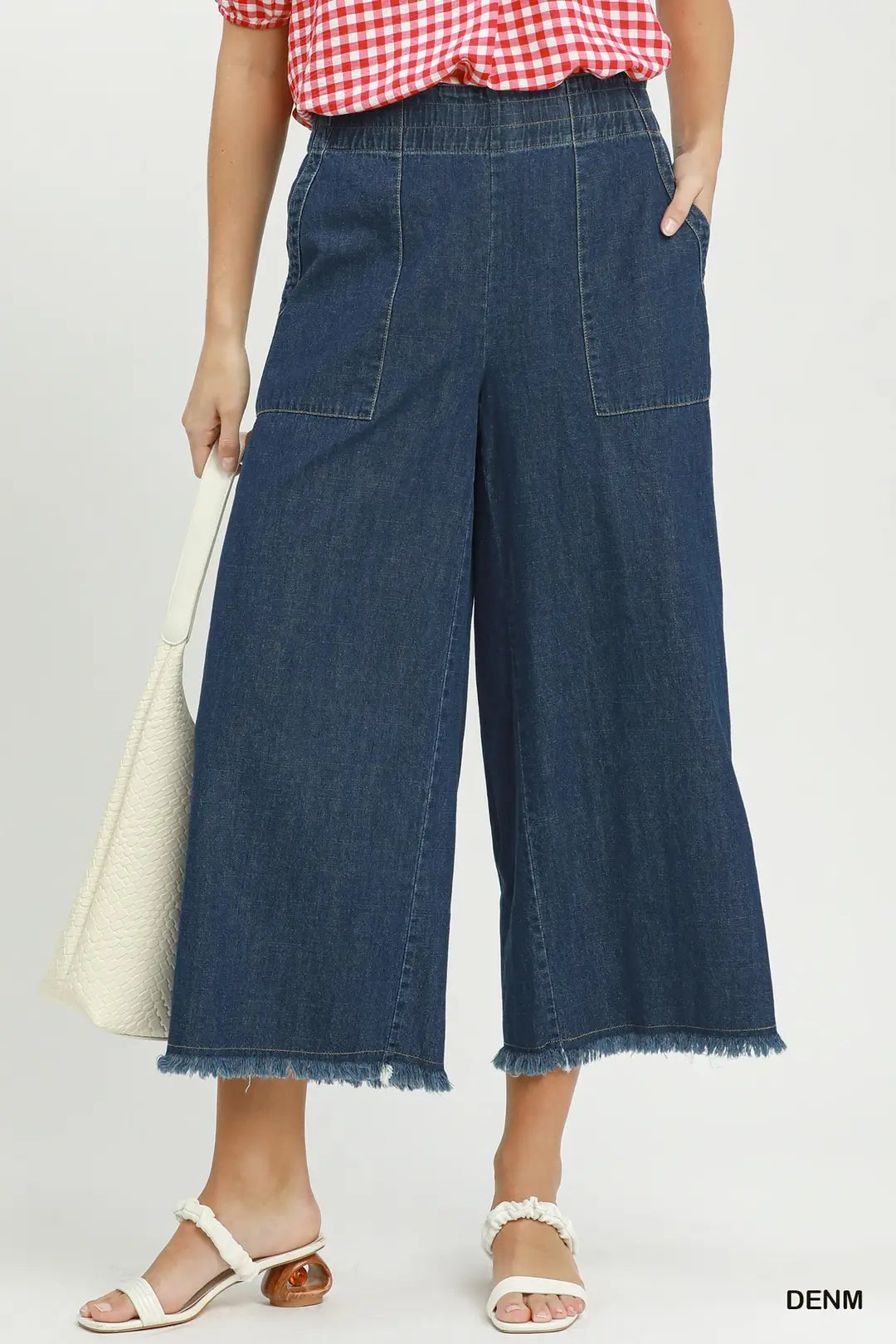 UMGEE Denim Frayed Hem Cropped Wide Leg Pants