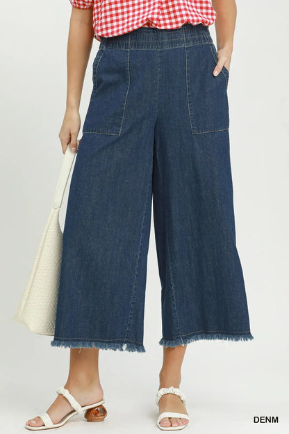 UMGEE Denim Frayed Hem Cropped Wide Leg Pants