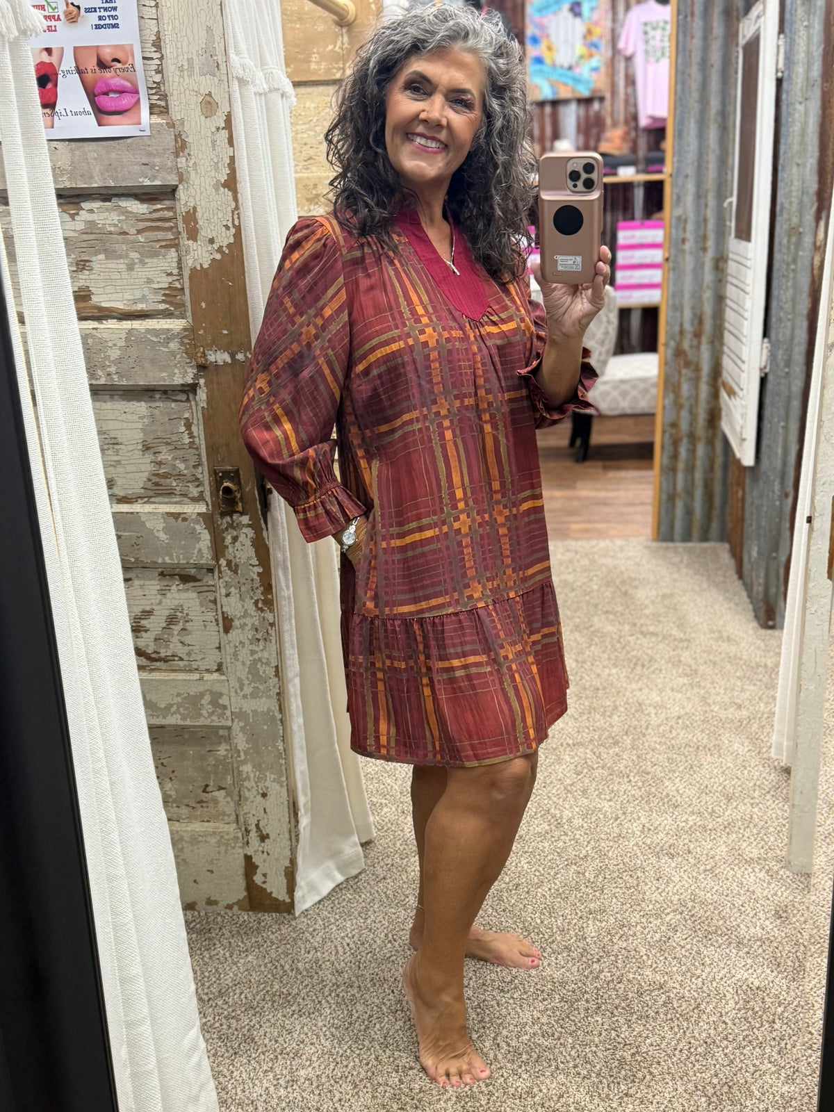 UMGEE Wine Plaid Ruffled Mini Dress