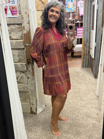 UMGEE Wine Plaid Ruffled Mini Dress