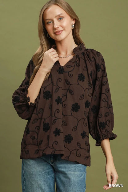 UMGEE Brown Texture Fabric Floral Embroidered Top