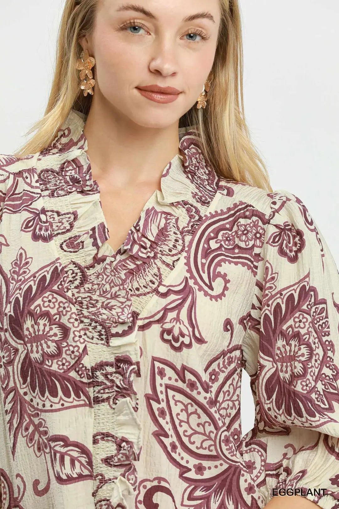 UMGEE Eggplant Abstract Print Top with Smocked Ruffled Details