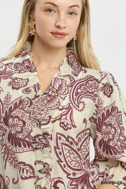UMGEE Eggplant Abstract Print Top with Smocked Ruffled Details