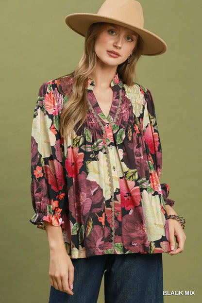 UMGEE Black Mix Mix Floral Print Button Front Blouse