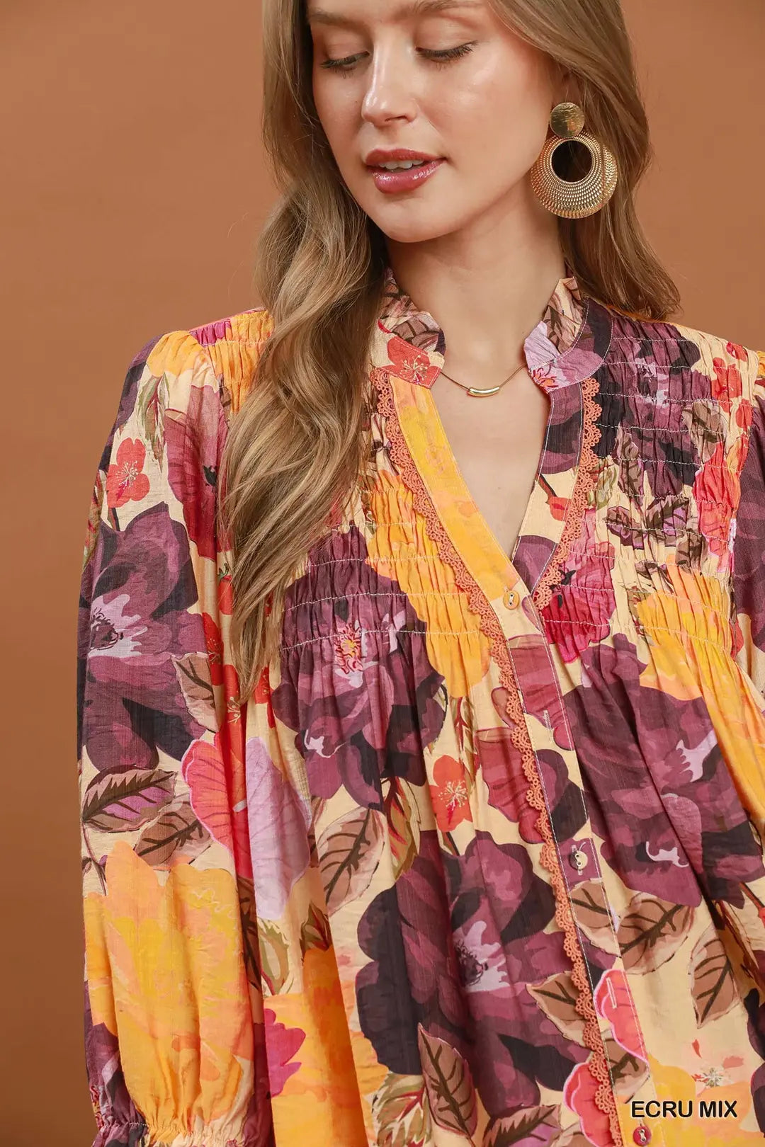 UMGEE Ecru Mix Mix Floral Print Button Front Blouse