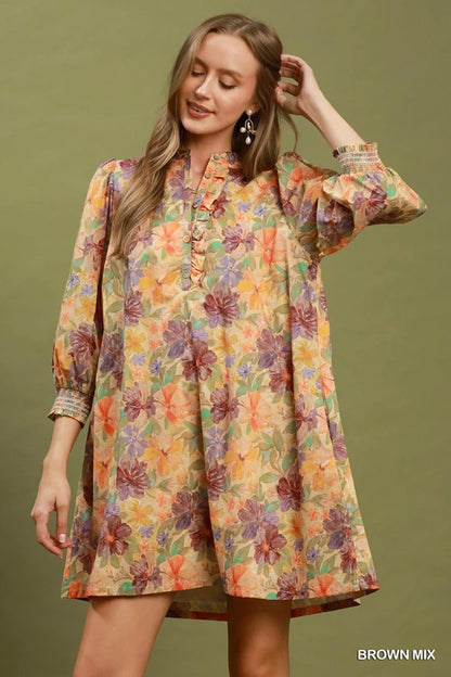 UMGEE Brown Mix Floral Print Smocked Cuff Mini Dress