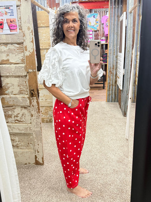 Red / White Polka Dot Heavy Scuba Barrel Lounge Pants