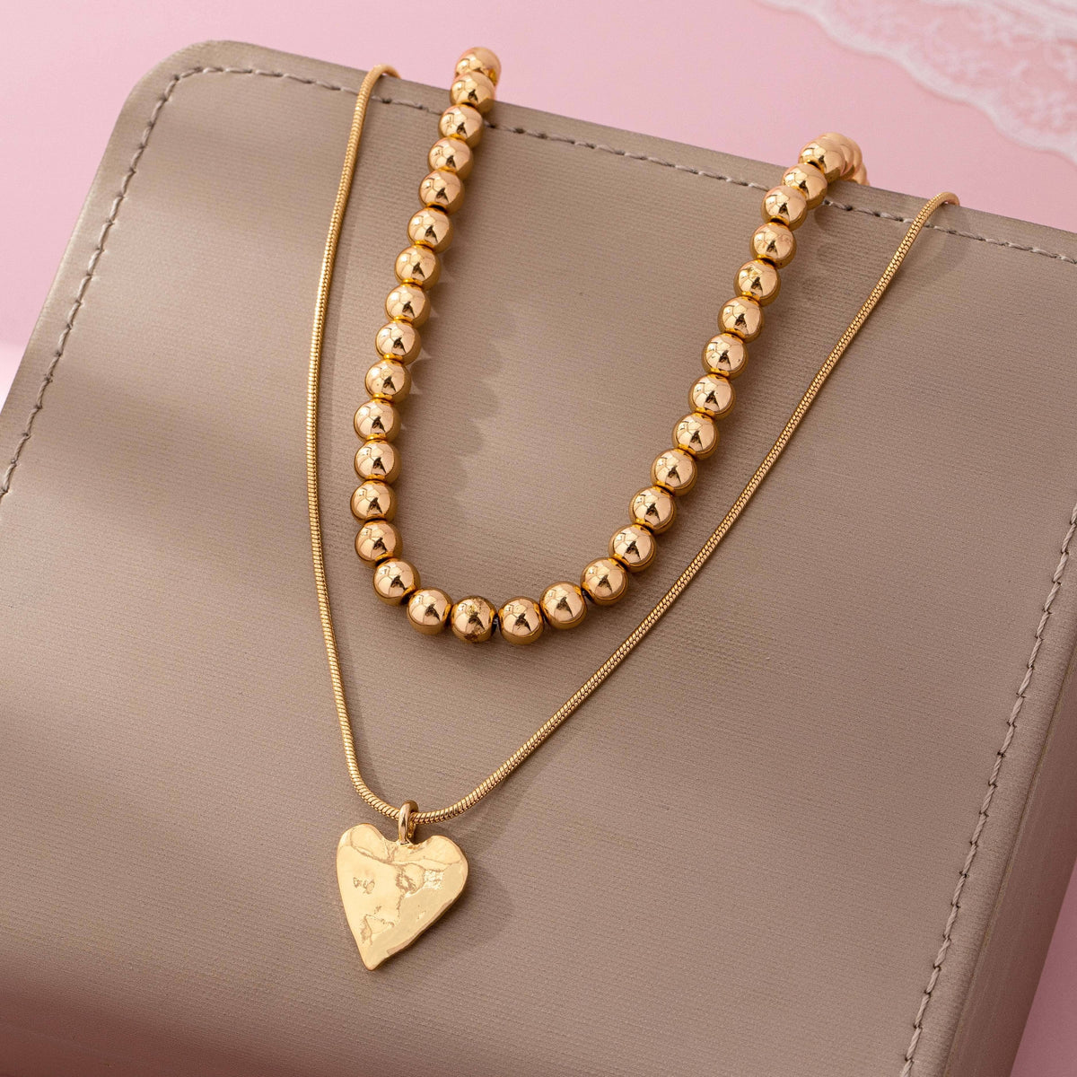 DOUBLE LAYER BALL CHAIN HEART CHARM NECKLACE | 80N92736: GOLD
