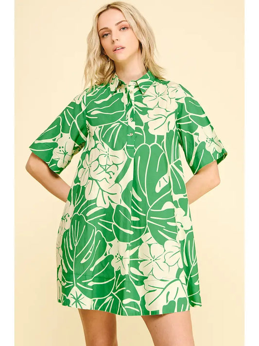 Green Floral Print Button Down Mini Dress