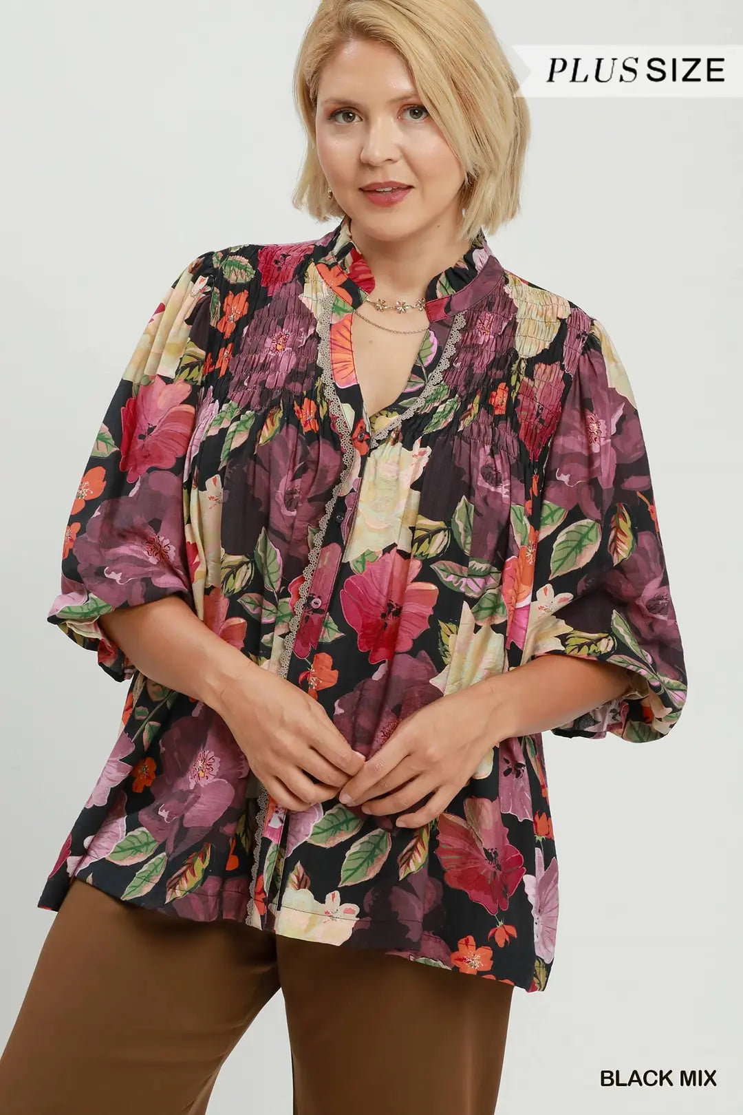 UMGEE Black Mix Mix Floral Print Button Front Blouse