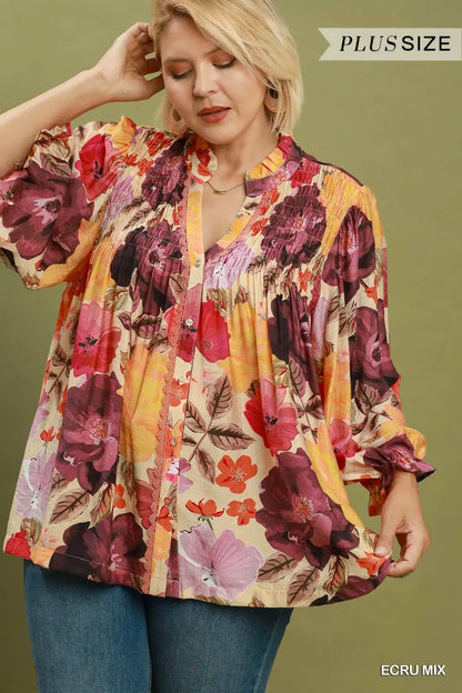 UMGEE Ecru Mix Mix Floral Print Button Front Blouse