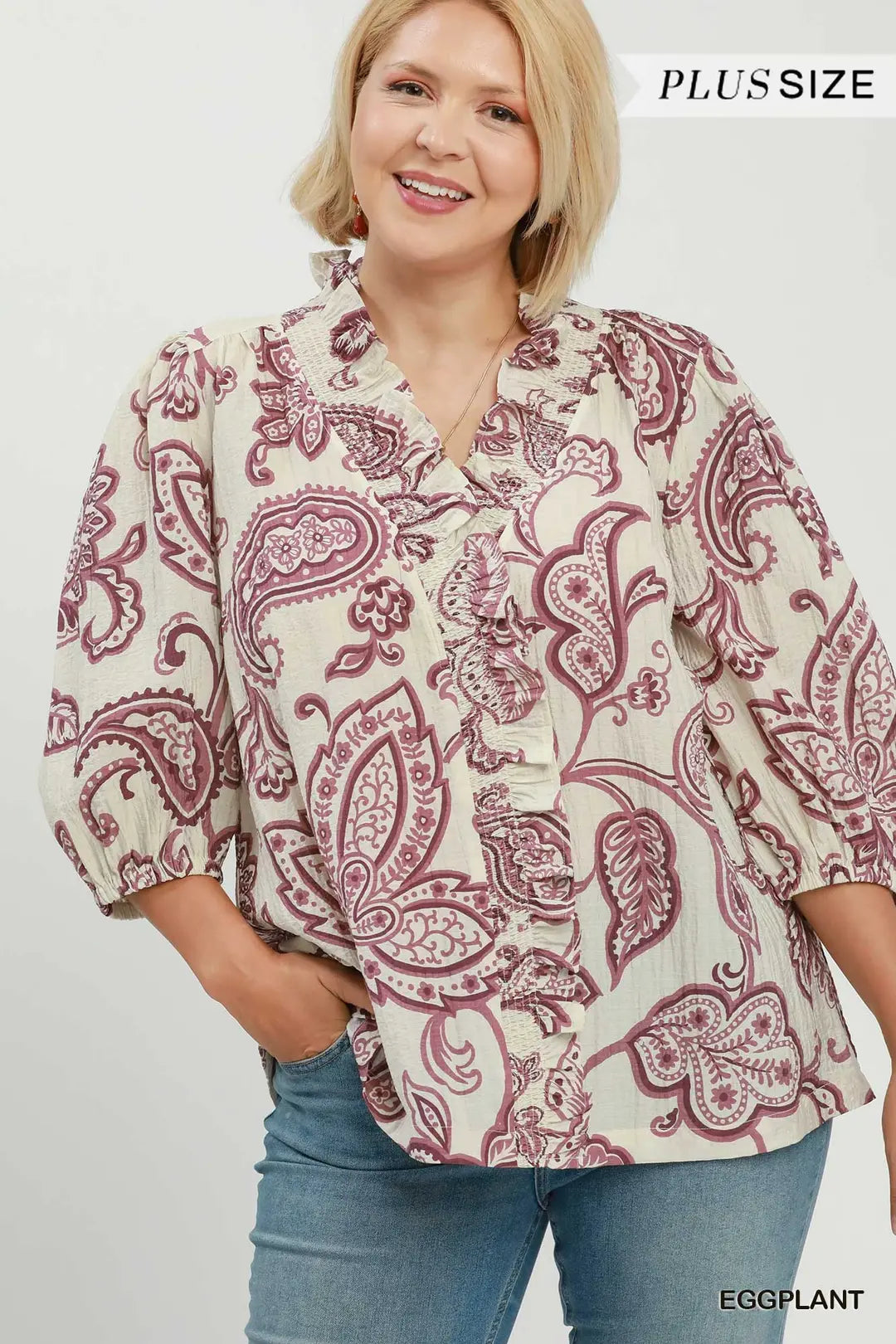 UMGEE Eggplant Abstract Print Top with Smocked Ruffled Details