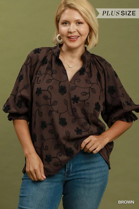 UMGEE Brown Texture Fabric Floral Embroidered Top