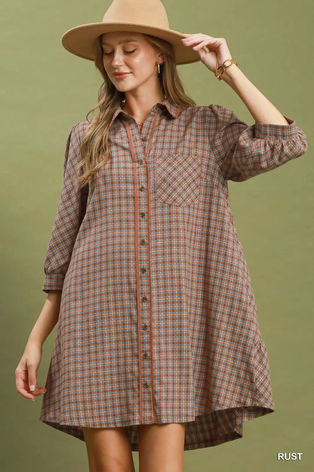 UMGEE Rust Plaid Button Down Oversized Shirt Dress
