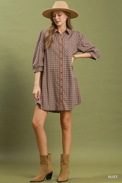 UMGEE Rust Plaid Button Down Oversized Shirt Dress